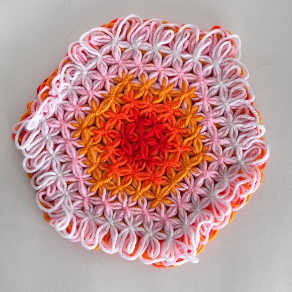 LARGE Handmade Crochet Potholder Hot Pad Trivet Flowers MCM Retro Decor bright - Picture 1 of 4